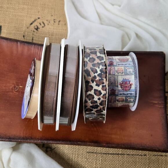 NWT 5 Spools Assorted Ribbon Leopard, Noah's Ark, Brown, Tan Grosgrain, Satin - Picture 1 of 8